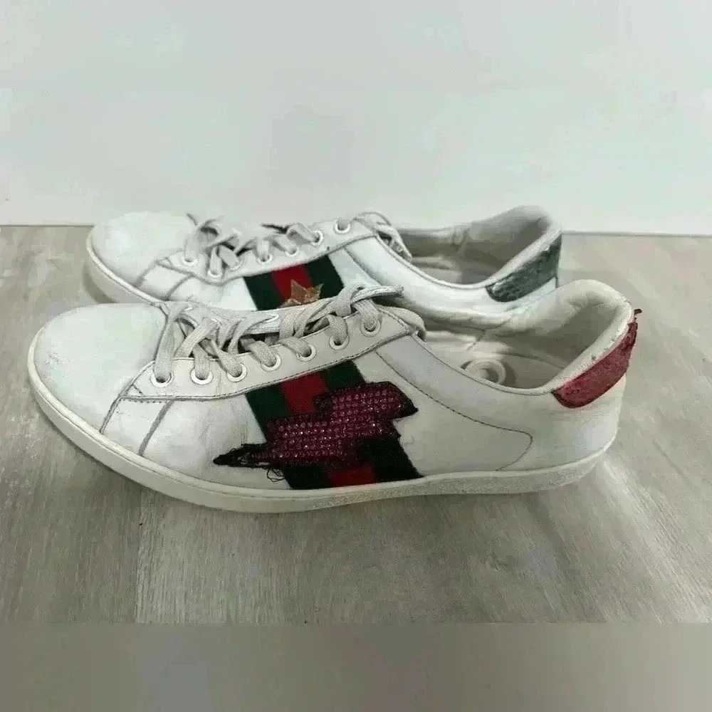 Gucci Ace Sneakers Mens 8 White Leather Crystal Lightning Bolt Web Stripe 433738